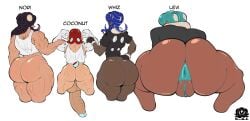 1boy 3girls anus anus_peek ass ass_bigger_than_head ass_chart ass_cheeks ass_focus big_ass big_balls big_butt big_cock big_penis black_hair blue_hair bottom_heavy bottomless bubble_butt butt chart cock coconut_(morningwoodboy) cyan_hair cybernetic_arm cybernetic_limb cybernetics dark-skinned_female fat_ass fat_butt female freckles freckles_on_ass giantess highres huge_ass huge_butt large_ass large_butt large_penis large_thighs levi_stanfteriesin_(morningwoodboy) light-skinned_female light-skinned_male male massive_ass morningwoodboy nintendo nori_(morningwoodboy) octoling octoling_girl original_character penis red_hair scars splatoon splatoon_(series) tail take_your_pick tentacle_hair text thick_ass thick_thighs voluptuous voluptuous_female whiz_(morningwoodboy)