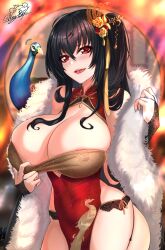 absurdres ahoge azur_lane bangs bare_shoulders blush breasts bridal_gauntlets chinese_clothes cleavage dress feather_boa hair_ornament highres huge_breasts long_hair looking_at_viewer nez-box open_mouth panties peacock red_dress red_eyes side_slit signature smile taihou_(azur_lane) taihou_(phoenix's_spring_song)_(azur_lane)