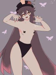 black_hair black_panties braless breasts censored censored_breasts censored_nipples female flat_chest flat_chested genshin_impact hu_tao_(genshin_impact) no_bra red_eyes scribble_censor slim small_breasts thick_thighs thin_waist