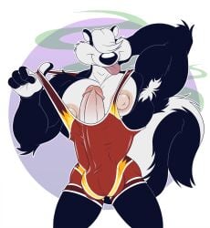 anthro anti_dev big_nipples bulge genitals hi_res long_penis male male_only mammal mephitid nipples penis pitu_le_pew skunk smelly smooth_fur solo tongue tongue_out wrestling_singlet