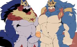 2boys anthro anthrofied balls bara big_penis blue_body blue_fur duo erection fur genitals humanoid_genitalia humanoid_penis hyaku_(artist) legendary_pokémon male male_only muscular muscular_anthro muscular_male nintendo nude pecs penis pokémon_(species) pokemon simple_background video_games white_background zacian zamazenta