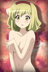 1girls alice_margatroid belly_button blonde_hair blush breasts covering_breasts eyebrows_visible_through_hair naked nipples nude nude_female red_hairband remyfive_(artist) solo solo_female the_memories_of_phantasm touhou upper_body yellow_eyes