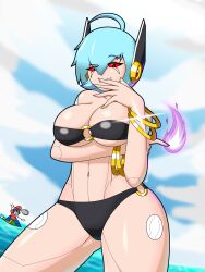 big_breasts black_swimsuit blue_hair breasts fan_character female low-angle_view mega_man mega_man_x mega_man_x_corrupted mrlucke red_eyes reploid robot robot_joints stwike_(mega_man_x_corrupted) swimsuit