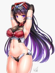 armpits arms_behind_head bangs black_gloves blunt_bangs blush breasts doyouwantto elbow_gloves eyebrows_visible_through_hair female frame_arms_girl gloves hairband headgear long_hair looking_at_viewer magatsuki navel purple_eyes purple_hair revealing_clothes sideboob solo