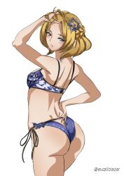 1girls ass ass_cleavage back back_view bare_back big_ass blonde_hair blue_eyes blue_panties blush bra braid breasts butt_crack excaliblader female female_only fire_emblem fire_emblem_warriors flower hair_flower hair_ornament hairpin hand_in_hair hand_on_hip highres lianna_(fire_emblem) lingerie looking_at_viewer looking_back nintendo panties princess royalty short_hair small_breasts sunflower sunflower_hair_ornament twitter_username underwear