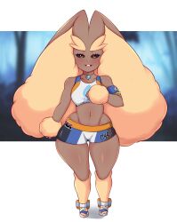 1girls anthro arm_band bare_shoulders big_eyebrows black_eyes blurry_background blush border brown_eyes bunny_ears bunny_girl clothed clothing exposed_stomach eyelashes eyeliner female female_pokemon fluffy forest_background fully_clothed fur furry furry_only gem gym_uniform hand_on_chest lopunny makeup necklace nessa_(pokemon)_(cosplay) nintendo number pokémon_(species) pokemon pokemon_(species) pokemon_ss saltyxodium sandals short_shorts shorts smile sports_bra teeth thick_thighs tight_clothing