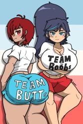 2girls ass bandaid_on_cheek bandaid_on_nose big_ass big_breasts blue_eyes blue_hair blush blushing breasts cousins curvy dark-skinned_female huge_ass huge_breasts jun_hyun_soo_(writers_crusaders) kim_han_yi_(writers_crusaders) korean large_ass large_breasts looking_at_viewer multiple_girls ponytail red_eyes red_hair short_hair shorts thick_ass thick_thighs vs wcjuan white_topwear writers_crusaders