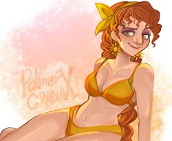 1girls bikini blush cleavage colored disney encanto female female_only green_eyes latina light-skinned_female navel orange_hair palmergranate pepa_madrigal