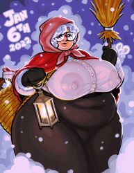 basket bbw blockdevil broom button_down_shirt cape fat female grey_hair hood lantern large_breasts mature_female mittens skirt snow winter