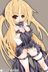 belt black_dress blonde_hair book breasts breasts_out brown_eyes clothing detached_sleeves dress eyebrows_visible_through_hair female konjiki_no_yami leg_belt long_hair medium_breasts megamouth_system open_mouth solo to_love-ru very_long_hair