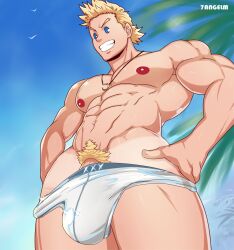 1boy 7angelm abs bara beach blonde blonde_hair blonde_pubic_hair blue_eyes blue_sky briefs briefs_only bulge cartoony dick_root human human_only light-skinned_male light_skin male male_focus male_nipples male_only male_pubic_hair mirio_togata muscle muscular muscular_male my_hero_academia necklace nipples pecs pectorals penis_peek seagulls smile smiling solo solo_focus solo_male teeth teeth_showing under_view underwear underwear_only undressing white_briefs white_underwear