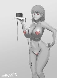 artist_signature erect_nipples hips hourglass_figure large_breasts monochrome original pasties red_eyes short_hair slime smirk smug snowbox thick_thighs wide_hips