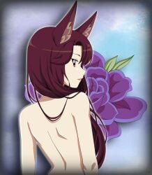 1girls animal_ears bare_back brown_hair eyebrows_visible_through_hair flowers kagerou_imaizumi lipstick long_hair looking_back naked nude nude_female red_eyes remyfive_(artist) solo solo_female the_memories_of_phantasm touhou wolf_ears