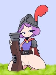 1girls bedroom_eyes blue_eyes bottomless bottomless_female clash_(series) clash_royale clothed female female_only gun half-dressed half_dressed half_naked helmet kittyart_(artist) legs_spread looking_at_viewer musketeer_(clash_royale) purple_hair pussy short_hair sitting smile smiling_at_viewer sole_female solo solo_female vagina