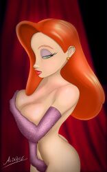 acindyce_(artist) artist_signature ass covering covering_breasts covering_crotch disney embarrassed_nude_female female_focus female_solo hand_on_pussy hands_on_breasts high_resolution jessica_rabbit long_hair nude pinup purple_blush purple_gloves red_curtains red_eyes red_hair red_lipstick solo up_view who_framed_roger_rabbit