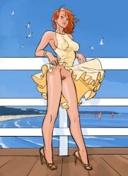 ass au_(artist) breasts ginger high_heels nipples_visible_through_clothing no_panties orange_hair pubic_hair pussy red_hair sea skirt_up sundress upskirt