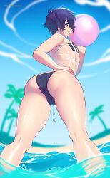 1boy ass back back_view beach big_ass black_hair bulge clothed clothing cute_male detailed_background femboy gris_swimsuit human indie_virtual_youtuber light-skinned_male light_skin looking_back low-angle_view male male_only matemi mostly_nude pale_skin see-through short_hair shoto shoto_(vtuber) solo standing swimsuit virtual_youtuber water