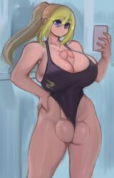 1futa alternate_breast_size autopaizuri autopaizuri_under_clothes balls big_balls breasts casual casual_autopaizuri clothed clothing erection futa_only futanari green_hair huge_breasts huge_cock human light-skinned_futanari light_skin masturbation metroid necrosmos nintendo one-piece_swimsuit pale_skin partially_clothed penis phone ponytail samus_aran solo standing swimsuit testicles uncensored zero_suit_samus