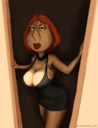 1girls alternate_breast_size big_breasts big_lips black_dress breasts cleavage earring earrings family_guy female female_only green_eyes hands_on_wall huge_lips large_breasts lipstick lois_griffin looking_at_viewer milf orange_hair partially_clothed pov red_hair red_lips solo suggestive suggestive_look teeth teeth_showing thick_thighs thighs vylfgor white_skin