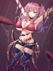 armpits arms_up azur_lane bangs bare_shoulders belt bikini black_choker black_shorts blue_legwear blush bound bound_arms bound_legs breasts bremerton_(azur_lane) choker cleavage clenched_teeth collarbone commentary_request covered_nipples cutoffs eyebrows_visible_through_hair female front-tie_bikini front-tie_top grey_belt grey_hair grey_legwear groin hair_between_eyes hair_intakes hair_ornament highleg highleg_bikini hoshikuzu_(avxh2728) imminent_penetration implied_penetration large_breasts lifebuoy_ornament long_hair mole mole_on_breast multicolored_hair navel navel_piercing open_belt open_clothes open_shorts piercing pink_bikini pink_eyes pink_hair restrained short_shorts shorts sidelocks skindentation solo stomach streaked_hair suggestive_fluid swimsuit teeth tentacle tentacles_under_clothes thighhighs twintails two-tone_hair two-tone_legwear underboob