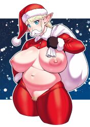 1girls areola areolae bare_midriff big_breasts blonde_hair blue_eyes breasts christmas chubby chubby_female curvy elf elf-san_wa_yaserarenai elfuda female female_focus hips humanoid midriff moustache nipples pale-skinned_female pale_skin plump pointy_ears pubic_hair santa_costume snow solo solo_female solo_focus synecdoche thick_thighs thighs wide_hips