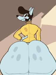 2022 3:4 anthro ass big_butt blue_body blue_fur bottomless bottomless_male canid canine canis clothed clothing digital_drawing_(artwork) digital_media_(artwork) ears_up freckles freckles_on_butt fur hands_on_hips hi_res huge_butt hyper hyper_butt j_(oc) jackal jacket jacket_only jigsaw_puzzle jojobizad looking_away looking_back male mammal pompadour pose puzzle_piece simple_background solo topwear wide_hips yellow_clothing yellow_jacket_(clothing) yellow_topwear