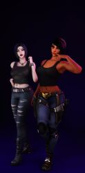 2girls 3d 3d_(artwork) 4th_rate athletic_female black_shirt blizzard_entertainment cambion combat_boots croptop crossover dark-skinned_female dark_skin dc dc_comics egyptian egyptian_female fareeha_amari female female_only fit_female forehead_jewel fortnite fully_clothed goth goth_girl half_demon hybrid jeans light-skinned_female light_skin overwatch pale-skinned_female pale_skin pharah rachel_roth raven_(dc) raven_(fortnite)_(dc) ripped_jeans simple_background superheroine tattoo teen_titans utility_belt