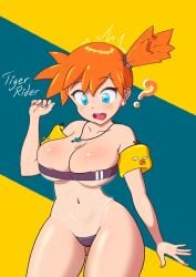 alternate_breast_size asymmetrical_hair bikini blue_eyes blush breasts cleavage clothing curvaceous female gris_swimsuit high_resolution huge_breasts kasumi_(pokemon) large_breasts midriff navel nintendo orange_hair pokemon pokemon_(anime) pokemon_(game) pokemon_rgby ponytail short_hair side_ponytail swimsuit thighs thong tied_hair tigerrider