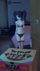 1girls 3d ame-chan bed bed_sheet bedroom bedroom_setting black_legwear black_panties blender blender_(software) breasts computer computer_screen door doorway fishnets hair_ornament hair_over_one_eye hairy hanabi3d koikatsu legs legs_together looking_at_viewer needy_girl_overdose needy_streamer_overload night pizza pizza_box pussy see-through small_breasts twintails