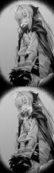 1boy absurdres artoria_pendragon artoria_pendragon_(caster)_(fate) artoria_pendragon_(fate) bangs bow breasts buttons cape cunnilingus cunnilingus_in_skirt dress fate/grand_order fate_(series) female fujimaru_ritsuka_(male) gloves greyscale hairbow half-closed_eyes heavy_breathing highres hxd long_hair long_sleeves monochrome open_mouth oral pantyhose short_hair small_breasts straight twintails