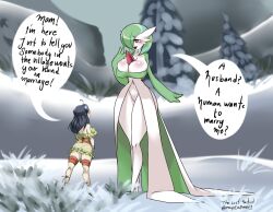 absurd_res akari_(pokemon) alpha_pokémon big_breasts breasts cleavage clothed clothing duo english_text female gardevoir genitals hi_res human larger_female mammal nintendo no_underwear not_furry pokémon_(species) pokemon pokemon_(species) pokemon_legends:_arceus pussy size_difference smaller_female snow text the_lost_artist video_games