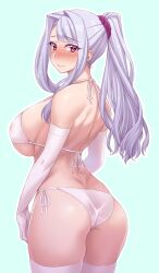 ass bare_shoulders big_breasts bikini blush breasts cleavage gloves idolmaster large_breasts long_gloves looking_at_viewer looking_back namidame nipple_bulge nipples_visible_through_clothing ponytail purple_eyes shijou_takane smile solo solo_female thighhighs white_hair