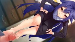 1boy akune_mineko ass_visible_through_thighs bag bare_legs black_jacket black_skirt blue_hair blurry blurry_background brown_eyes business_suit censored closed_mouth collared_shirt dress_shirt dutch_angle eyebrows_visible_through_hair female floating_hair footjob formal game_cg grey_shirt hair_between_eyes hands_on_hips haru_to_yuki indoors jacket long_hair long_sleeves looking_down miniskirt mosaic_censoring panties pantyshot pencil_skirt penis scottie_(phantom2) shiny shiny_hair shiny_skin shirt skirt skirt_suit smile solo_focus suit underwear very_long_hair white_panties wing_collar