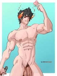 abs biceps big_penis flaccid flaccid_penis hades_(game) heterochromia laurel_crown male male_focus male_only muscles muscular muscular_male nipples nude_male pecs penis pubic_hair sevaztian smile solo_male testicles veiny_penis zagreus