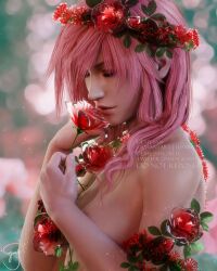 1girls 3d breasts eclair_farron emy-san female female_only final_fantasy final_fantasy_xiii flower_crown light-skinned_female nude pink_hair rose roses solo square_enix