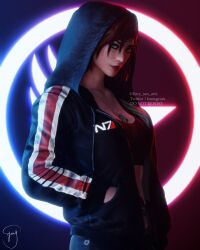 1girls 3d bioware cleavage commander_shepard crop_top emy-san female female_only female_protagonist femshep hoodie hoodie_only light-skinned_female mass_effect red_hair solo tight_clothing