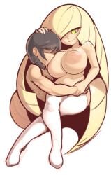 1boy 1girls 1milf age_difference alternate_breast_size bare_shoulders blonde_hair breast_sucking breasts chibi crossed_legs elio_(pokemon) embrace embracing friends_mother game_freak green_eyes huge_breasts human human_only large_breasts long_hair lusamine_(pokemon) mature mature_female milf milf_love_young_man mother_and_daughter's_friend mystical nintendo nude older_female older_female_younger_male patting_head plantpenetrator pokemon pokemon_sm simple_background thick_thighs thighhighs white_background young_man_and_milf