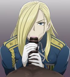 1boy :>= absurdres amestris_military_uniform bar_censor blonde_hair censored dark-skinned_male dark_skin fellatio female fullmetal_alchemist gloves gradient gradient_background guhanshounen hair_over_one_eye highres interracial lips long_hair long_sleeves military military_uniform olivier_mira_armstrong oral penis shiny shiny_hair solo_focus star_(symbol) straight uniform white_gloves