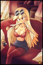 big_breasts blonde_hair bra breasts clothing female female_focus female_only leni_loud long_hair nickelodeon opening_shirt ruhisuart seductive_smile solo_female the_loud_house undressing yellow_hair