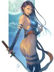 1girls arm_strap ass assassin bare_shoulders betsy_braddock blue_arm_strap blue_elbow_gloves blue_nails blue_thigh_strap blue_thighhighs blue_thong_leotard elbow_gloves elizabeth_braddock female fingerless_elbow_gloves flat_ass full_moon gritted_teeth holding_katana holding_sword holding_weapon homare_(fool's_art) katana kwannon long_hair long_purple_hair looking_at_viewer looking_back looking_back_at_viewer marvel moon night ninja outdoors psylocke purple_eyes purple_hair purple_lipstick red_sash sash side_view sideboob skindentation solo solo_female standing straight_hair superheroine sword thigh_strap thighhighs thong_leotard violet_eyes x-men