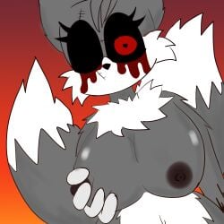 2_tails animal_nose blood chara_wantrp dark_red_nipples eyelashes female fluffy fox friday_night_funkin friday_night_funkin_mod fur grey_skin hand heart_eye nipples red_eye rule_63 sonic.exe sonic.exe_(series) squeezing_breast tails.exe tailsko.exe