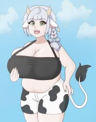 animal_ears bbw belly big_ass big_breasts braid breasts chubby chubby_female cleavage cow_ears cow_girl cow_print green_eyes horns overweight plump solo solo_female thick_thighs vanilireph vanvennos voluptuous white_hair wide_hips