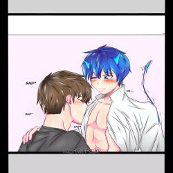 2boys ayon-cakra blue_eyes blue_hair blush brown_hair closed_eyes exposed_breasts gay gizang15 mcyt sniffing sweat sweatdrop sweating touching touching_breast vx-fluffy-xv yaoi ytmci