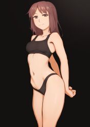 1girls black_bra black_panties brown_eyes brown_hair panties shy small_breasts smile solo sports_bra zoryc