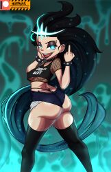 1girls absurd_res ass ass_cleavage big_ass black_eyeshadow black_hair black_lipstick blue_eyes blue_hair butt_crack celestial daisy_dukes ear_piercing eye_contact eyebrow_piercing eyeshadow glowing_eyes goth gothified high_resolution league_of_legends lipstick long_hair looking_at_viewer makeup middle_finger nightmare_hdraw riot_games ruination ruined_king_symbol shortstack small_breasts smaller_female solo spiked_bracelet spikes standing thick_thighs thighhighs thighs thong zoe_(league_of_legends)