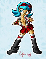 alger blue_eyes blue_hair boots bracelet el_tigre female frida_suarez goggles goggles_on_head latina long_boots nickelodeon panties red_skirt skirt small_breasts smiling spiked_bracelet stockings suspenders tagme white_stockings