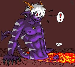 abs anthro buwaro_elexion claws demon horns magma male male_only muscles navel necklace nipples nude penis piercings red_eyes slightly_damned solo stripes surprised tail volcanic_setting webcomic white_hair wings