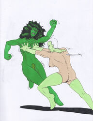 2girls ass ben1804 big_breasts breasts catfight elbow_gloves female female_only gloves grabbing_breasts green-skinned_female green_hair green_skin hairy_pussy hulk_(series) light-skinned_female marvel marvel_comics masked_female multiple_girls naked_female nipples nude_female pubic_hair she-hulk thigh_boots