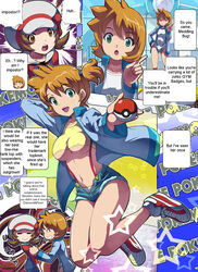 2girls aged_up bee-j1 brown_eyes brown_hair comic english_text female female_only green_eyes human human_only kasumi_(pokemon) looking_at_viewer lyra_(pokemon) makoto_daikichi multiple_girls nintendo orange_hair pokemon smile text underboob