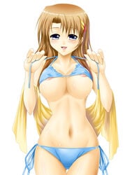 ayato bikini blue_eyes breasts brown_hair female hayate_yagami highres human long_hair lyrical_nanoha mahou_senki_lyrical_nanoha_force mahou_shoujo_lyrical_nanoha mahou_shoujo_lyrical_nanoha_a's mahou_shoujo_lyrical_nanoha_strikers swimsuit towel underboob untied